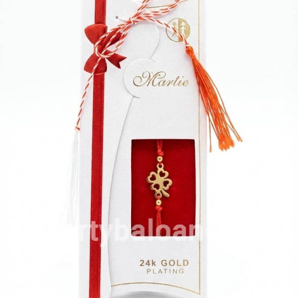Mărțișor Brățară Trifoi Placat Aur 24K - Cadou Premium 1 Martie Bratara martisor premium trifoi placat cu aur 24K pe snur rosu in ambalaj de lux alb cu funda rosie