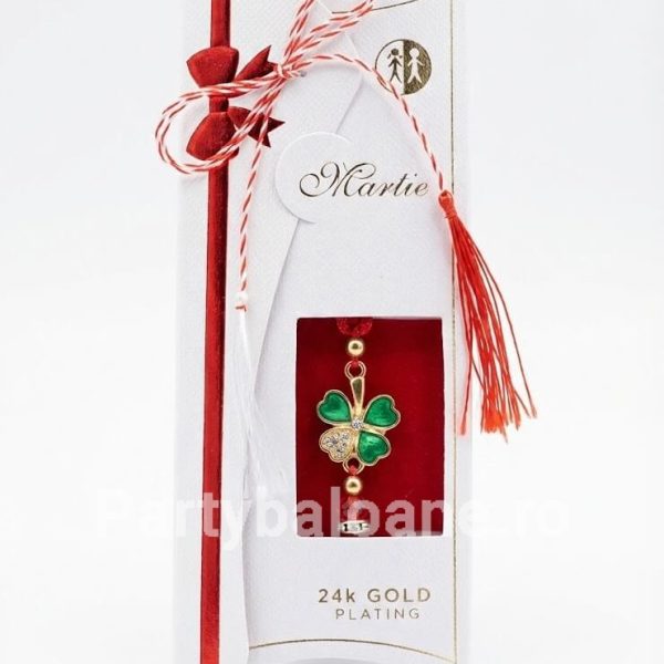 Mărțișor Brățară Trifoi Placat Aur 24K - Cadou Premium 1 Martie Bratara martisor premium trifoi placat cu aur 24K pe snur rosu in ambalaj de lux alb cu funda rosie