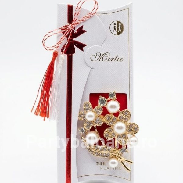Mărțișor Broșă Buchet Floral cu Perle și Cristale Placată cu Aur 24K – Cadou Premium (5