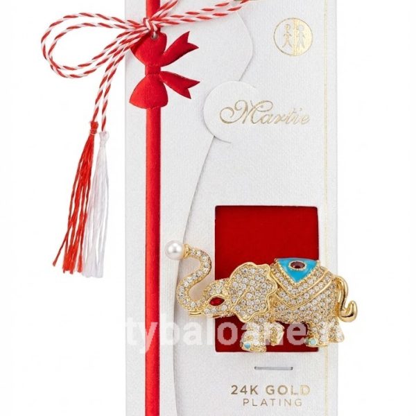Mărțișor Broșă Elefant Norocos Placată Aur 24K Cristale - Cadou Premium Martisor premium brosa forma de elefant placata cu aur 24K pavata cu cristale perla pe trompa si email turcoaz in cutie cadou alba