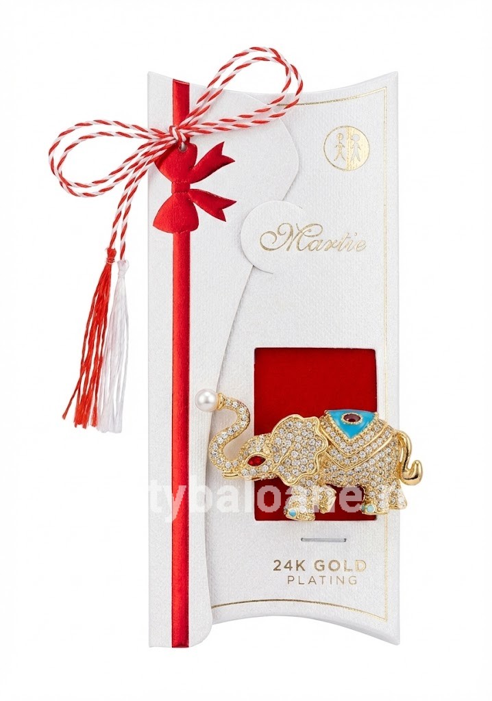 Mărțișor Broșă Elefant Norocos Placată Aur 24K Cristale - Cadou Premium Martisor premium brosa forma de elefant placata cu aur 24K pavata cu cristale perla pe trompa si email turcoaz in cutie cadou alba