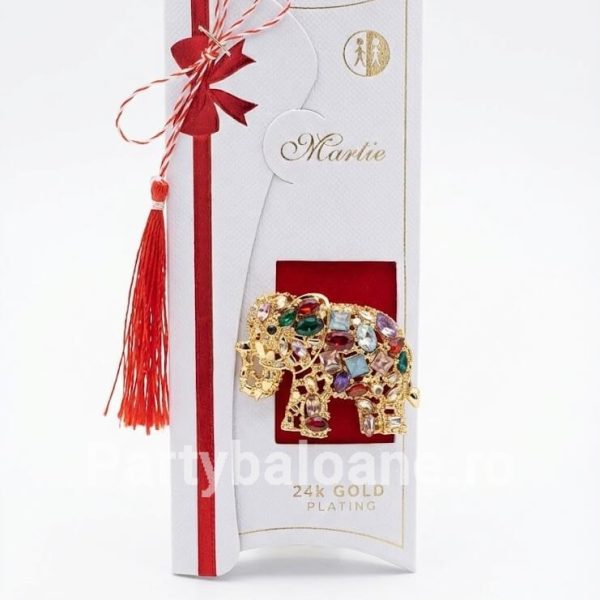 Mărțișor Broșă Elefant Placată Aur 24K Cristale Multicolore - Premium Martisor premium brosa forma de elefant ajurat placata cu aur 24K decorata cu cristale multicolore in cutie cadou alba
