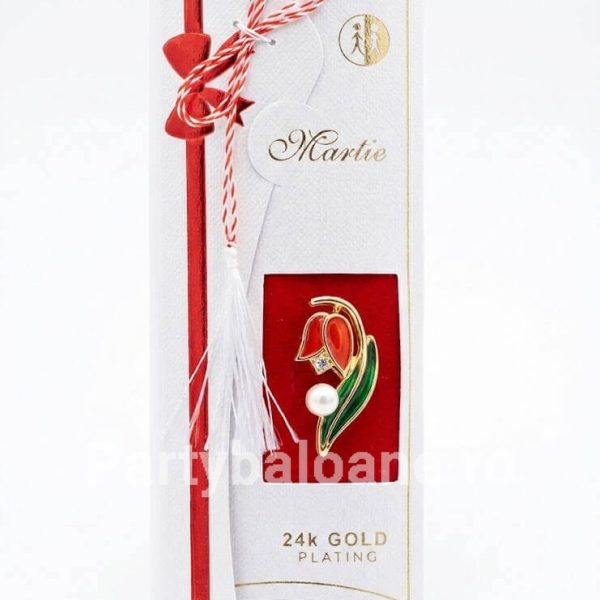 Mărțișor Broșă Floare Placată cu Aur 24K – Lalea cu Cristal Fațetat (3 cm) – Cadou Elegant Martisor brosa floare lalea placata cu aur 24k cu cristal mare transparent si frunze verzi pe suport alb