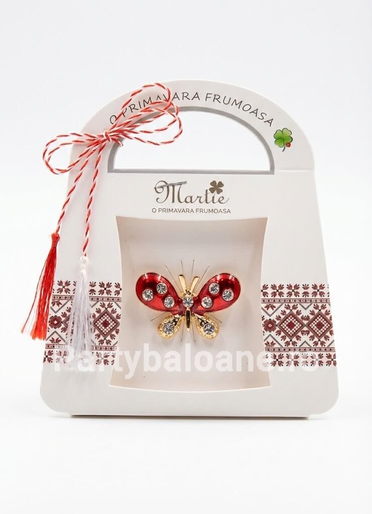 Mărțișor Broșă Fluture 3 cm cu Șnur Tradițional Alb-Roșu și Cutiță Model 5
