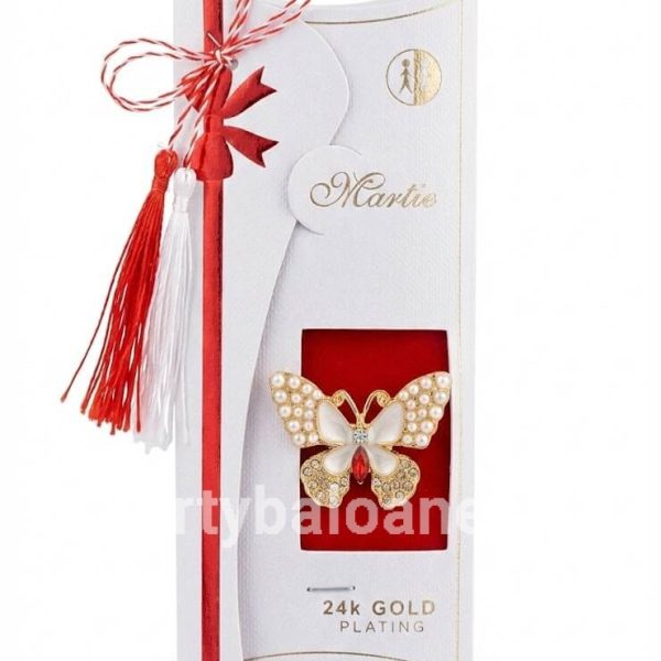 Mărțișor Broșă Fluture Alb Email Placat Aur 24K - Cadou Premium Martisor brosa premium fluture alb cu email si cristale centrale placata cu aur 24K in cutie alba de lux cu funda rosie si text 24k gold plating