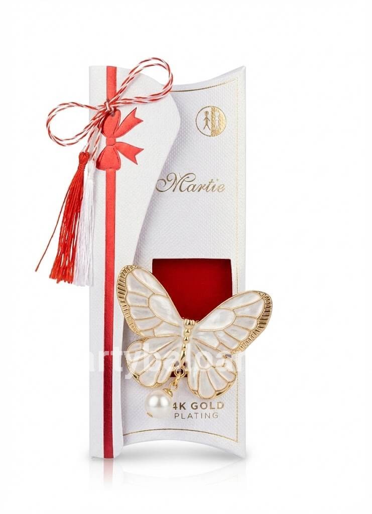 Mărțișor Broșă Fluture Alb Perlă și Email Placat Aur 24K - Cadou Premium Martisor brosa premium fluture alb cu email perla si cristale placata cu aur 24K in cutie alba de lux cu funda rosie