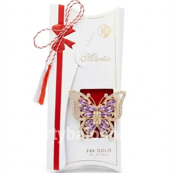 Mărțișor Broșă Fluture Mov-Lila Placată cu Aur 24K și Cristale Strălucitoare (4.5 cm) în Cutie Premium Mărțișor broșă în formă de fluture cu aripi decorate cu cristale mov
