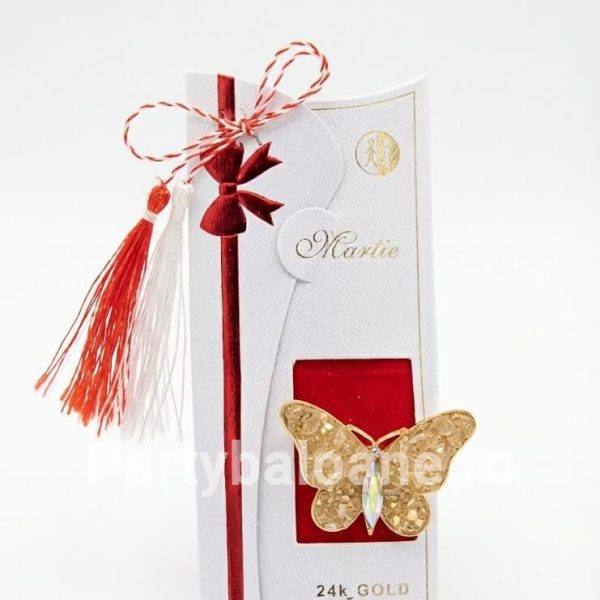 Mărțișor Broșă Fluture cu Cristale Șampanie Placată cu Aur 24K – Cadou Premium (4