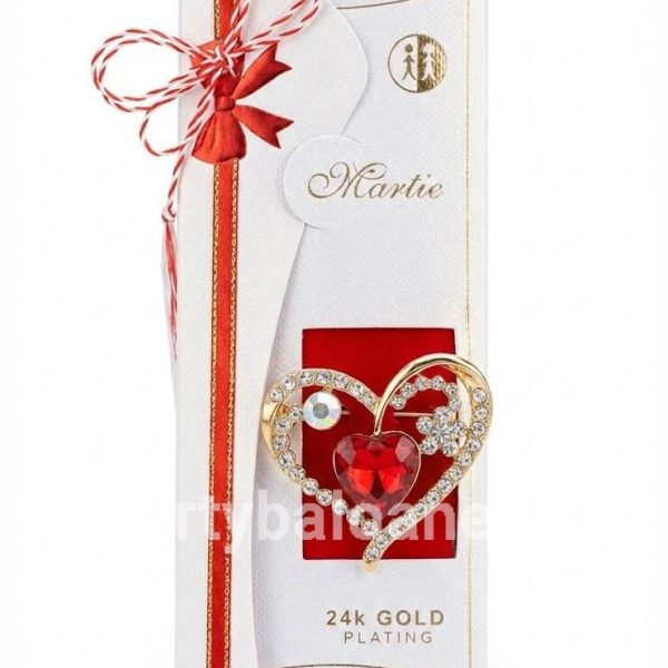 Mărțișor Broșă Inimă Placată cu Aur 24K cu Cristal Roșu și Pietre Strălucitoare (4 cm) în Cutie Cadou Premium Broșă mărțișor în formă de inimă