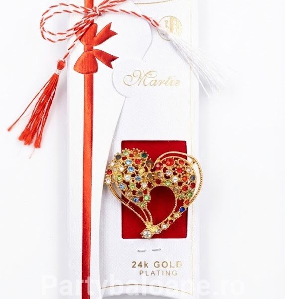 Mărțișor Broșă Inimă Placată cu Aur 24K și Cristale (4