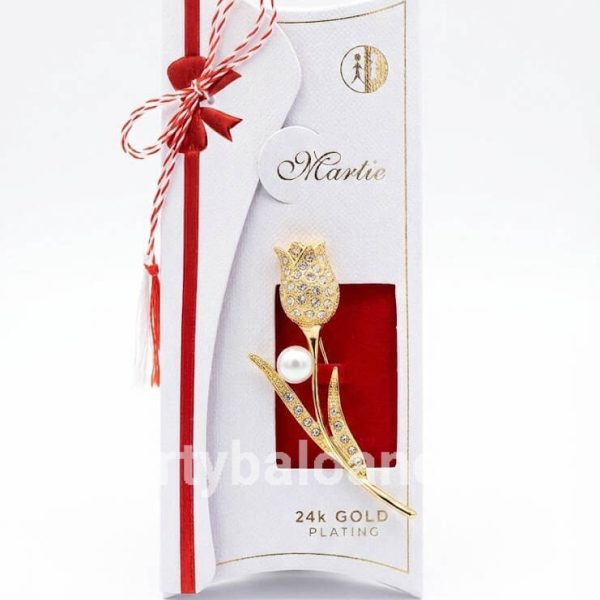 Mărțișor Broșă Lalea Aurie cu Perlă și Cristale Placată cu Aur 24K (6 cm) în Cutie Cadou Premium Broșă mărțișor în formă de lalea aurie cu perlă și cristale