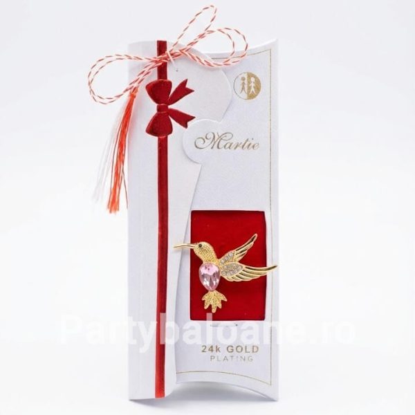 Mărțișor Broșă Pasăre Colibri Placat Aur 24K și Cristal - Cadou Premium