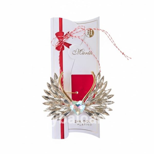 Mărțișor Broșă Premium Aripi de Înger Placată cu Aur 24K și Cristale Aurora Borealis (8 cm) – Cadou Statement Martisor brosa mare 8cm model aripi de inger cu cristale aurora borealis si inima centrala cameleonica placata cu aur 24k in cutie premium