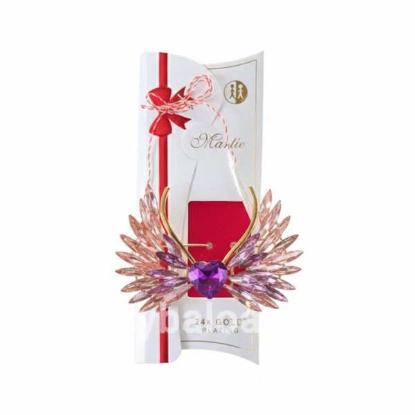 Mărțișor Broșă Premium Aripi de Înger Placată cu Aur 24K și Cristale Mov (8 cm) – Cadou Statement Martisor brosa mare 8cm model aripi de inger cu cristale mov si roz si inima centrala placata cu aur 24k in cutie premium
