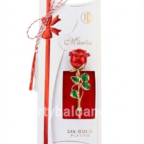Mărțișor Broșă Trandafir Placată cu Aur 24K (5.5 cm) în Cutie Cadou Premium Broșă mărțișor în formă de trandafir roșu emailat