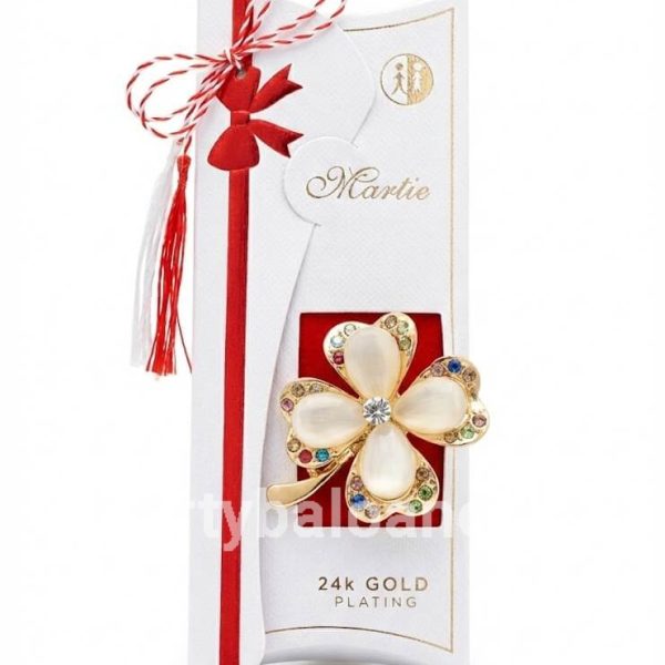 Mărțișor Broșă Trifoi cu Patru Foi Placată cu Aur 24K și Cristale (4.5 cm) în Cutie Cadou Premium Broșă mărțișor în formă de trifoi cu patru foi