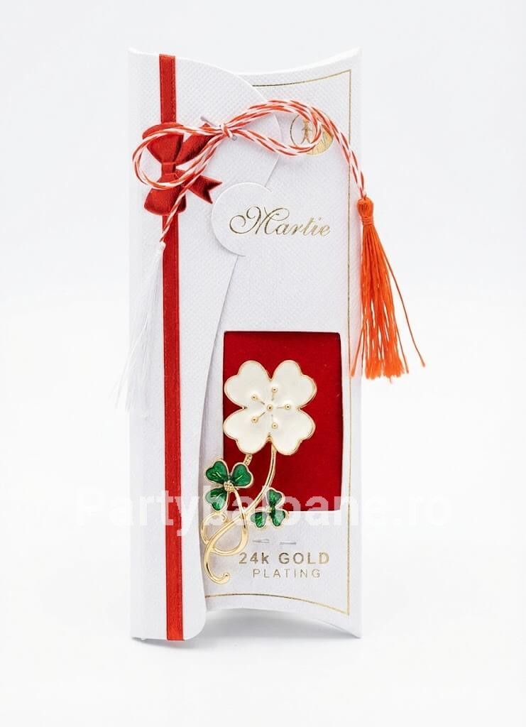 Mărțișor Broșă Trifoi cu Patru Foi Placată cu Aur 24K – Cadou Premium (5 cm) Martisor brosa trifoi cu patru foi alb si verde placat cu aur 24k in cutie cadou premium