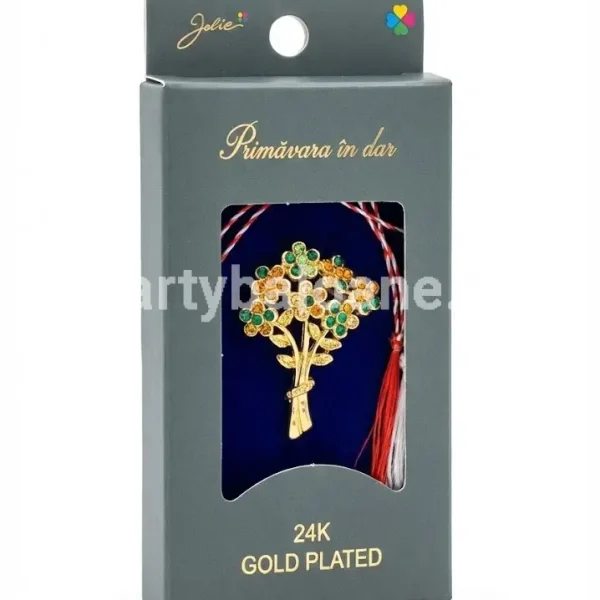 Mărțișor Premium Broșă Flori – Placat Aur 24K și Cristale – Cadou Elegant 1 Martie Brosa martisor cu flori placata cu aur 24K si cristale in cutie cadou premium Jolie