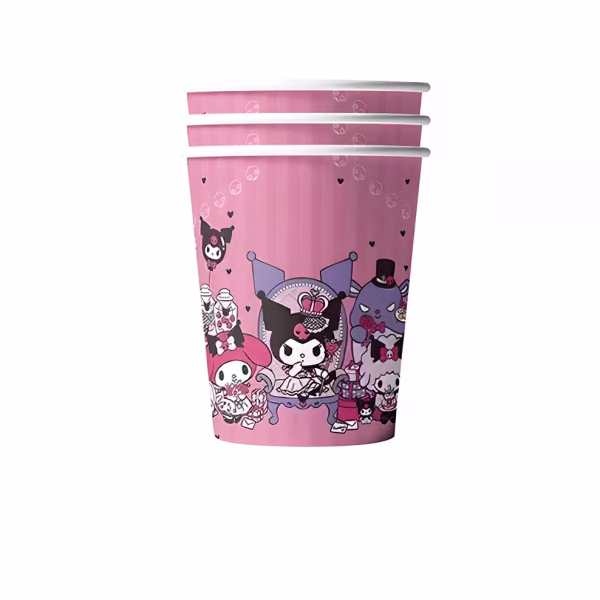 Pahare Kuromi și My Melody – Set 10 Bucăți Carton Roz 200 ml Un set de trei pahare din carton pentru petreceri