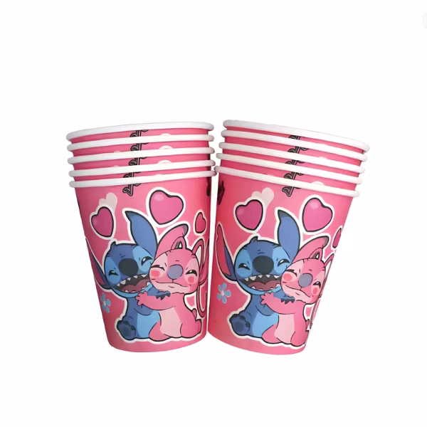 Pahare Party Stitch și Angel – Set 10 Bucăți Carton 200 ml (Decor Roz) Două pahare din carton pentru petreceri