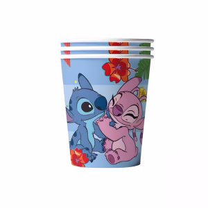 Pahare Party Stitch și Angel – Set 10 Bucăți Carton 200 ml (Tropical) Un teanc de pahare din carton pentru petreceri