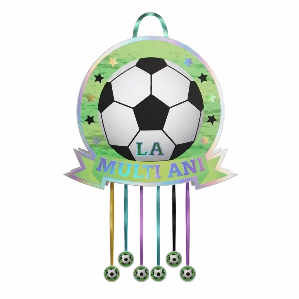 Pinata Minge Fotbal Pliabilă La Mulți Ani (40x37 cm) Joc Petrecere Pinata pliabila din carton in forma rotunda pentru petreceri baieti. Imaginea ilustreaza o minge de fotbal centrata pe un fundal verde cu stele