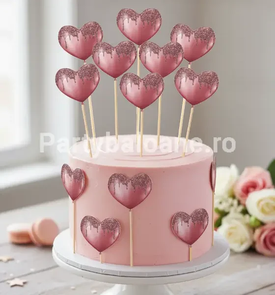 Set 10 Toppere Tort Inimi Rose Gold cu Sclipici 4.5 x 12 cm Un set din 10 toppere decorative pentru tort sub forma de inimi in nuanta rose gold. Inimile au un design deosebit cu un efect de sclipici scurs in partea de sus si sunt prevazute cu tije din bambus. Produsul este ilustrat pe un tort de culoare roz pudrat