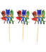 Set 10 Toppere Tort si Briose Eroi in Pijamale Un set de mini toppere din carton montate pe bete de bambus pentru briose si tort cu tematica Eroi in Pijamale. Grafica decupata pe contur ii prezinta pe cei 3 eroi impreuna