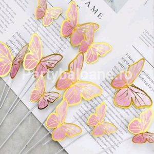 Set 10 Toppere Tort 3D – Fluturi Roz cu Margine Aurie (Carton Lucios) Un set de 10 toppere decorative pentru tort