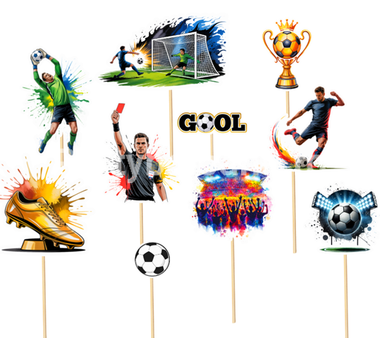 Set Toppere Tort Tematica Fotbal Gool (10 Piese) Set Toppere Tort Tematica Fotbal Gool (10 Piese) 14 - 20 cm Un set de 10 toppere decorative pentru tort