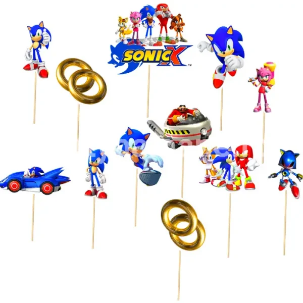 Set 12 Toppere Tort Super Sonic din Carton (10-14 cm) Un set ultra-complet de 12 toppere din carton pentru decorarea tortului si a candy bar-ului