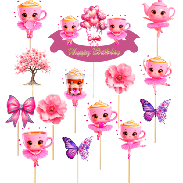 Set Toppere Tort Balerina Capucina Roz (14 Piese) 6 - 14 cm Un set format din 14 toppere decorative din carton pentru tortul fetelor