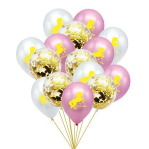 SET 15 BALOANE CU UNICORN SI CONFETTI AURII