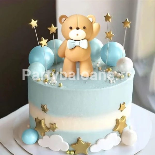 Set 16 Toppere Tort 3D Ursuleț Bleu și Bile Albe – Decor Botez Băieți (TOP 144) Un tort elegant în nuanțe de bleu și alb