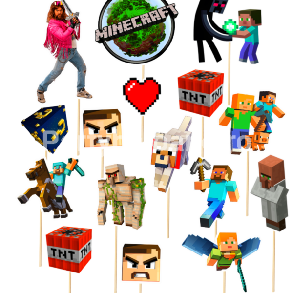 Set Toppere Tort Minecraft (16 Piese Gaming) 6 - 14 cm Un set format din 16 toppere decorative din carton pentru tortul copiilor