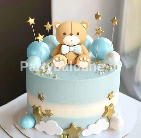 Set 21 Toppere Tort Ursuleț Bleu 3D, Bile Și Stele (Top 107) – Decor Botez Set 21 Toppere Tort Ursuleț Bleu 3D