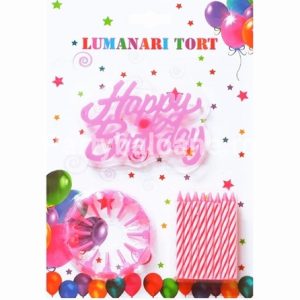 SET 24 LUMANARI PENTRU TORT CU DECORATIUNE HAPPY BIRTHDAY ROZ