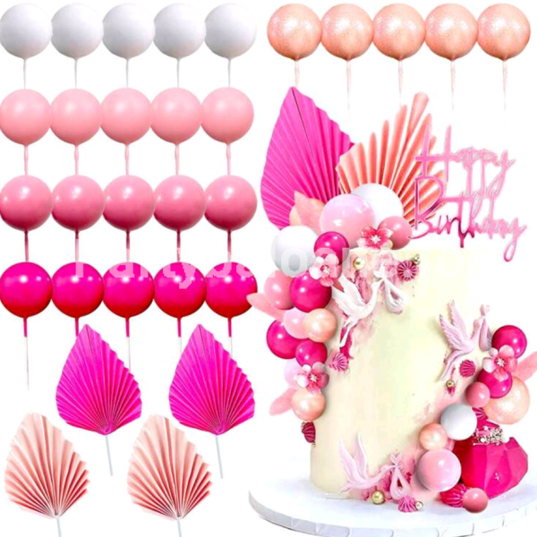 Set 29 Toppere Tort Bile si Frunze Evantai Roz Fucsia 3D - TOP147 Un set impresionant de 29 toppere 3D pentru decorarea tortului femeilor si fetelor. In stanga imaginii sunt prezentate componentele