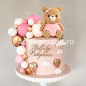 Set 31 Toppere Tort Ursulet Roz 3D si Cascada Bile (Plastic) - TOP 145 Un set impresionant de 31 toppere 3D din plastic pentru decorarea tortului fetitelor. Imaginea ilustreaza un tort roz pudrat decorat spectaculos cu un ursulet 3D cu rochita si fundita roz