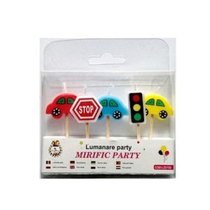 Set 5 Lumânări Tort Mașini și Semne Circulație (Decor Băieți) Un ambalaj cu un set de 5 lumânări pentru tort cu tematică auto. Lumânările sunt în formă de mașinuță roșie