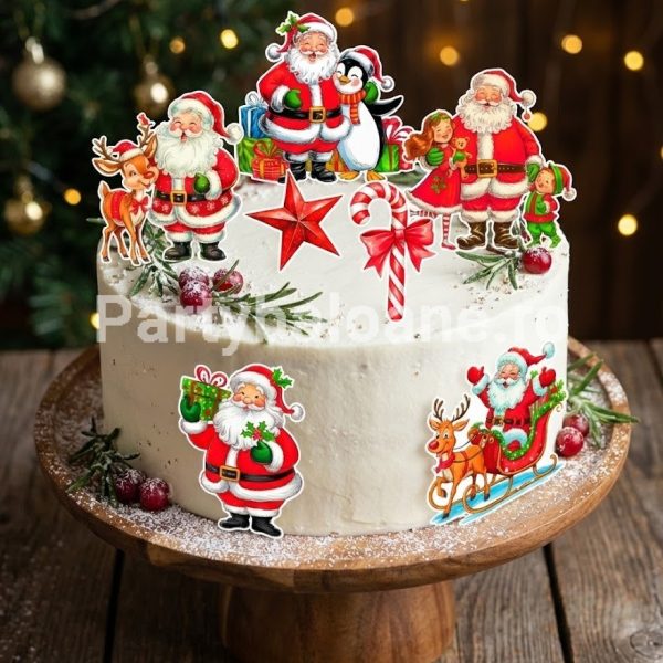 Set 7 Toppere Tort Mos Craciun cu Copii (Carton) 8-15 cm Un set traditional de 7 toppere din carton pentru decorarea tortului de Craciun. Figurinele cu un aer vintage il ilustreaza pe Mos Craciun in ipostaze calde