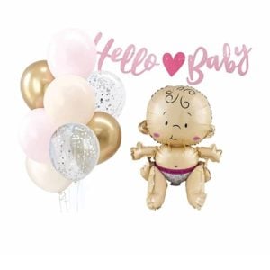 SET 9 BALOANE CU BANNER HELLO BABY ROZ