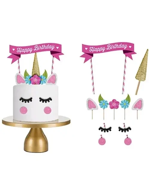 Set Ornamente Tort Unicorn Happy Birthday Roz si Auriu (Pink Gold / Multicolor) Un set complet de ornamente din carton pentru tort cu tematica Unicorn