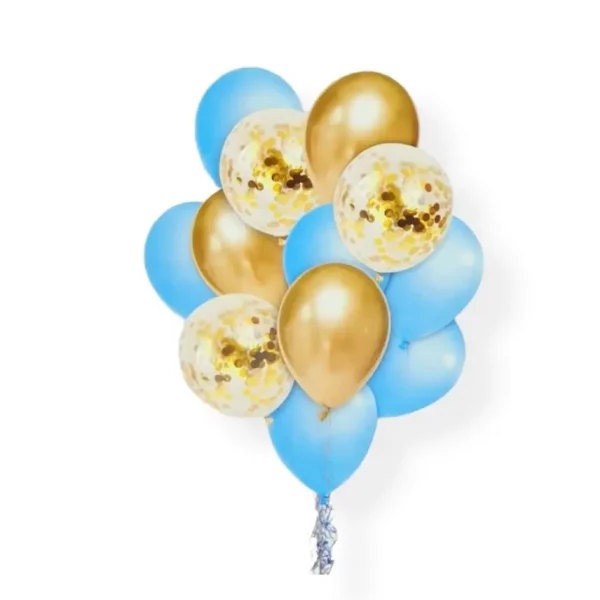 SET 12 BALOANE LATEX CHROME AURII ,BLEU CU CONFETTI AURII - 30 CM