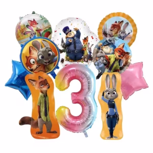 Set 10 Baloane Folie Zootropolis cu Cifră 3 (80 cm) Tematică Aniversare Buchet din 10 baloane folie pentru aniversarea de 3 ani cu tematica Zootropolis. In centru este cifra 3 gigant in nuante pastelate gradient