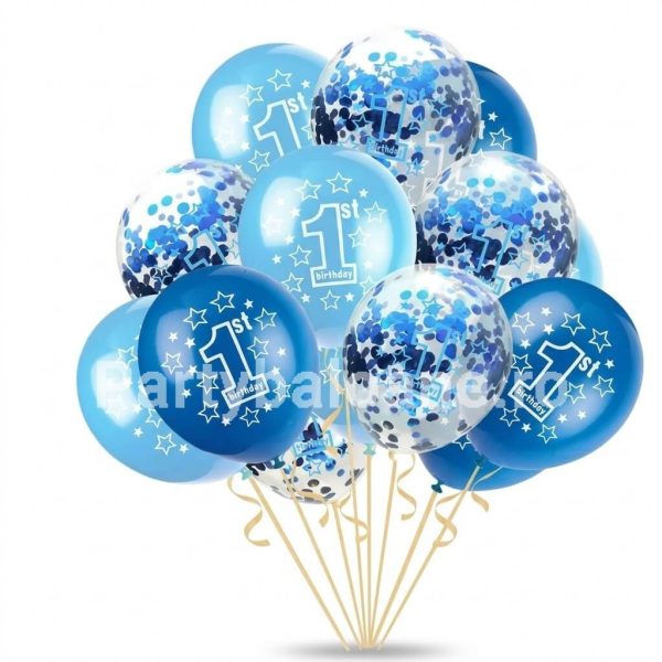 Set 10 Baloane Latex Prima Aniversare 1 An Baiat Albastre 30 cm Set 10 baloane din latex pentru prima aniversare baiat 1 an culoare albastru inchis deschis si transparente cu confetti albastre.
