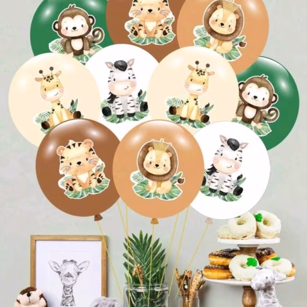 Set 10 Baloane Latex Safari Animale Junglă (30 cm) Tematică Wild One Set de 10 baloane din latex umflate cu heliu