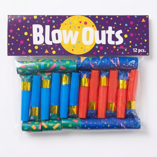 Set 12 Suflători Petrecere Copii Roșu și Albastru – Design Confetti (8 cm) Set de 12 suflatori pentru petreceri de copii