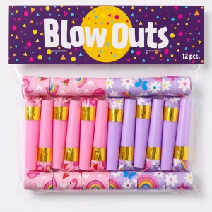 Set 12 Suflători Petrecere Copii Roz și Mov – Flamingo & Curcubeu (8 cm) Set de 12 suflatori pentru petreceri de copii