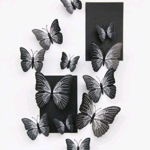 Set 12 fluturasi negru cu alb 3D cu magnet si banda dublu adeziva